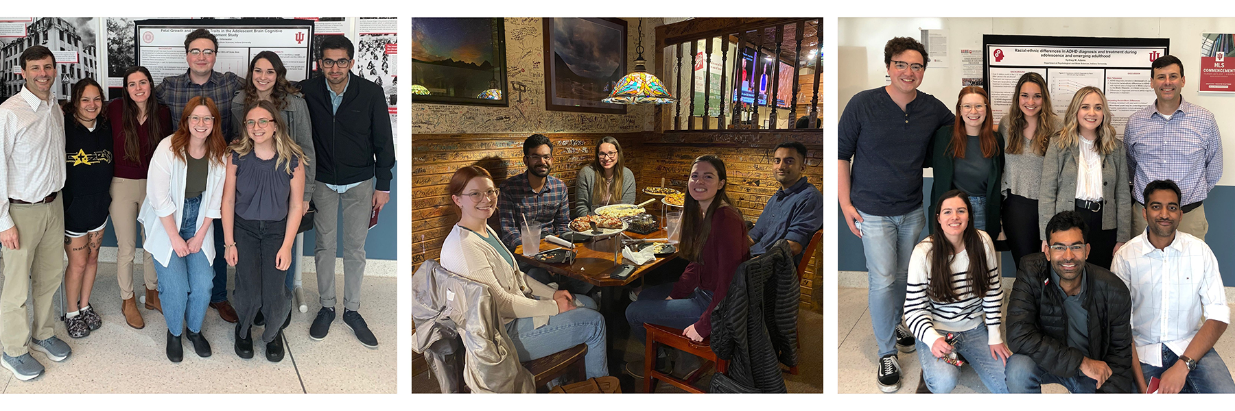 A panoramic image is broken into three smaller, individual panels. The first and third panels show the same group of people in a professional setting, posing in front of scientific posters. In the middle panel, the same people are seen sitting around a table in a dimly lit restaurant, eating pizza.