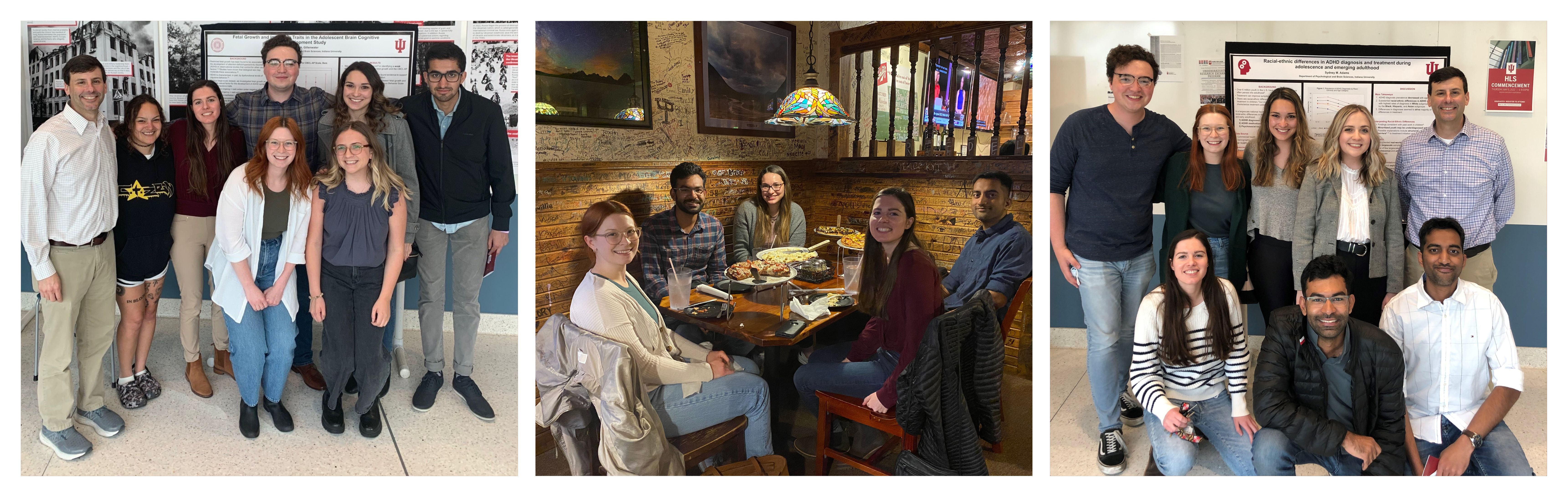 A banner with three photos. Two photos show students and Dr. D'Onofrio
										smiling, standing in front of research posters. One photo shows graduate students eating pizza at a restaurant.